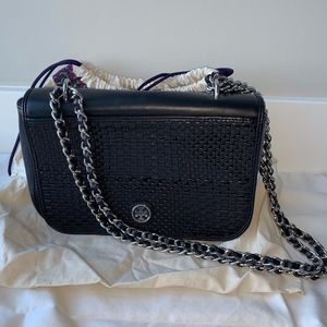 Tory Burch Woven Leather Crossbody Bag - Blk/Silvr